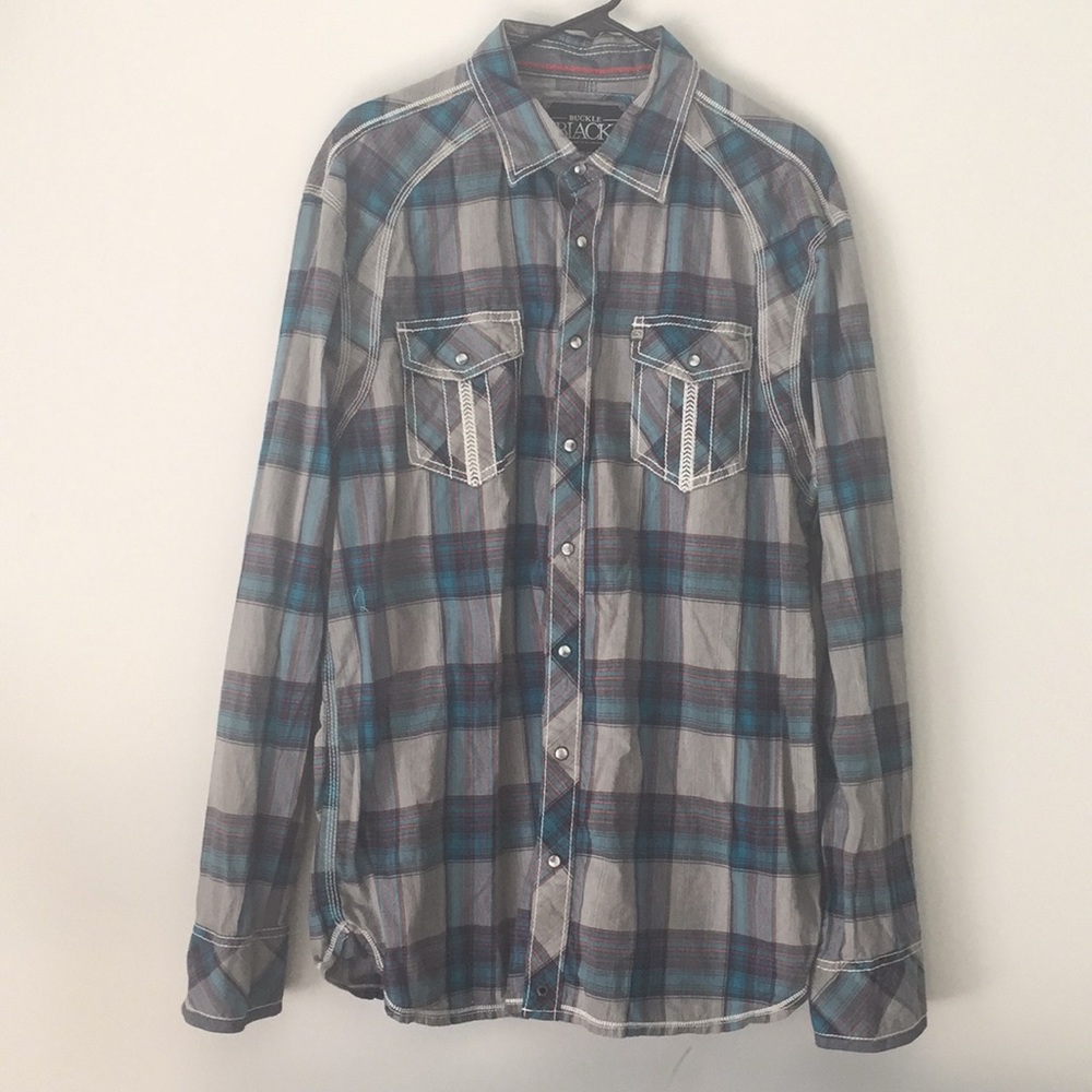 Buckle Black Plaid Button Down Men's XL